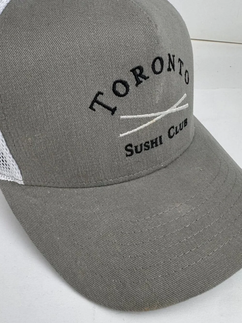 Toronto Sushi Club Trucker Hat Gray Mesh SnapbackCapEmbroidered Chopsticks Stain